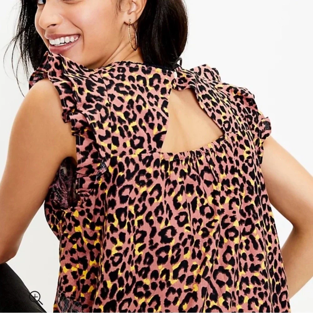 LOFT Large Leopard Print Cutout Back Cotton Ruffle‎ Shell Top - Picture 3 of 10